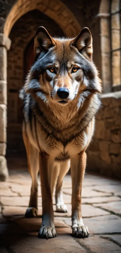 Majestic wolf in a stone castle hallway with vibrant natural lighting.