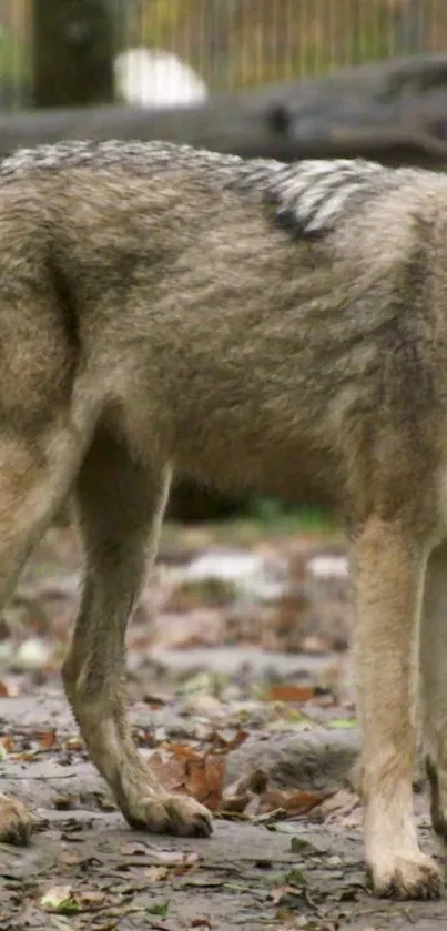 Majestic wolf in autumn forest with brown fur and fallen leaves.