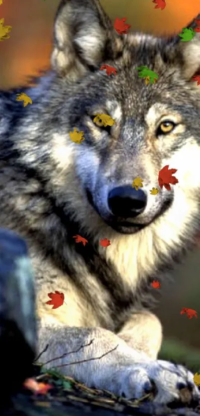 Majestic wolf in an autumn forest setting, showcasing wildlife beauty.