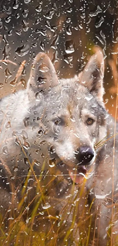 Wolf in golden autumn grass, picturesque nature wallpaper.