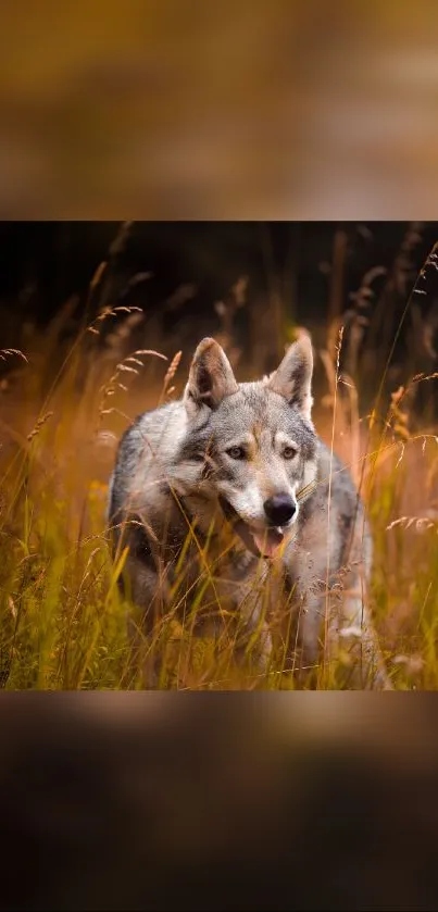 Majestic wolf in autumn field, creating a serene wallpaper.