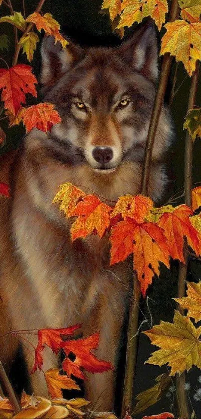 Majestic wolf surrounded by vibrant autumn leaves in a natural setting.