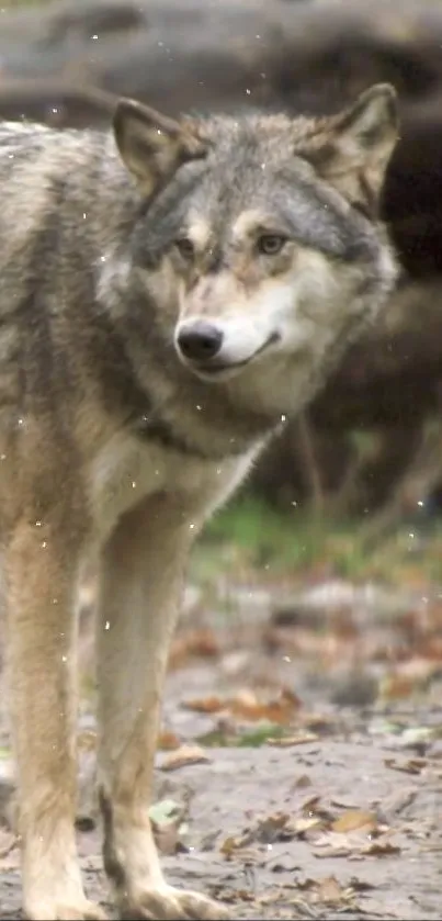 Majestic gray wolf standing in autumn forest with fallen leaves.