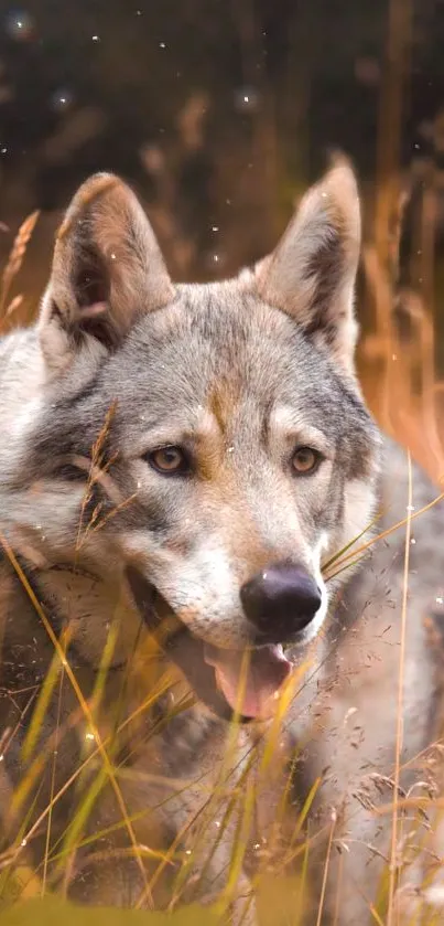 Majestic wolf surrounded by warm autumn grasses.