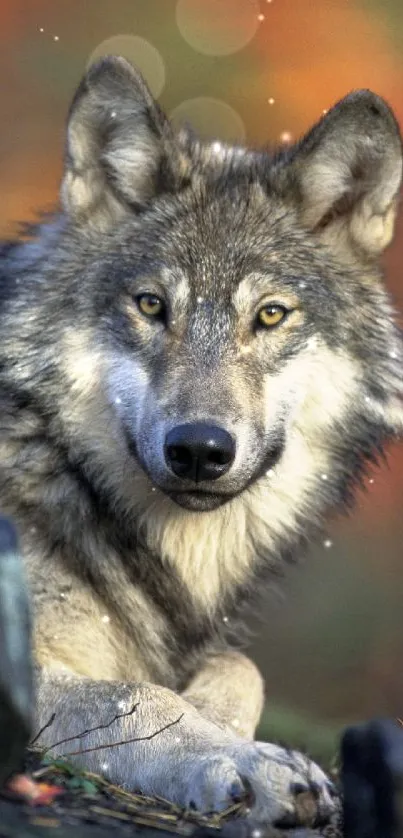 Majestic wolf resting in an autumn forest.