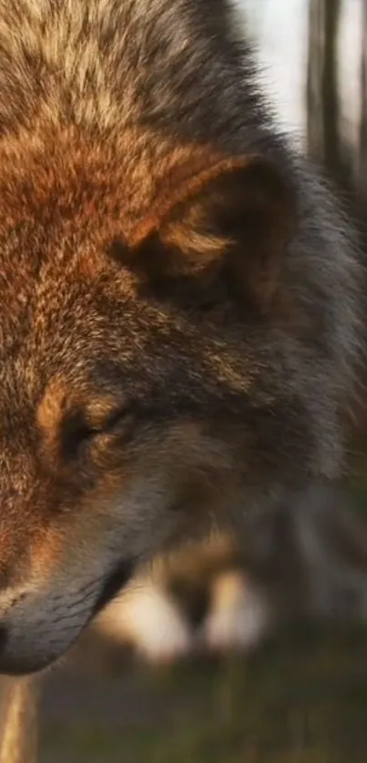 Majestic wolf basking in golden sunlight in a serene forest setting.