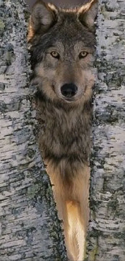 Majestic wolf peeking through birch trees in a serene forest setting.