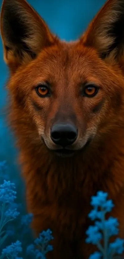 A majestic wolf amidst vibrant blue wildflowers.