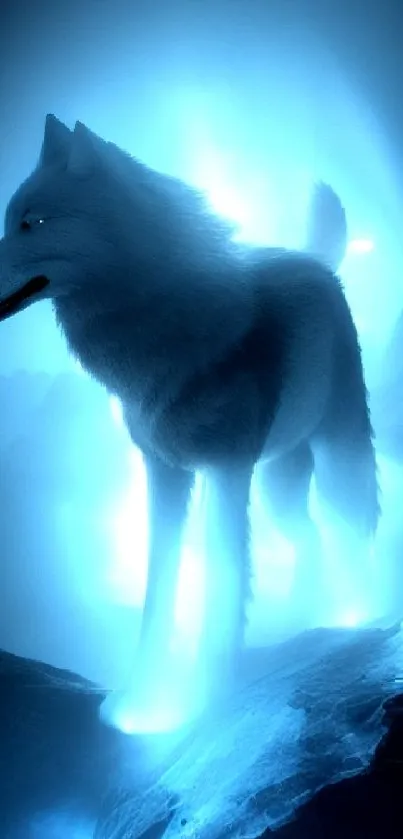 Majestic wolf in ethereal blue glow on rocky landscape.