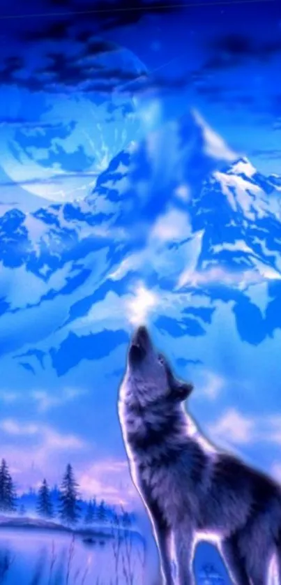 A wolf howling in front of blue mountains at night.