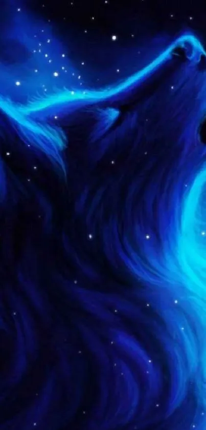 Majestic wolf in electric blue against a starry night sky.