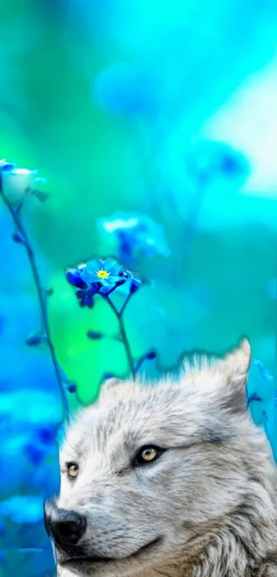 Majestic wolf with a bright blue floral background.