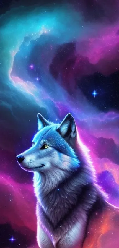 Majestic wolf set against a colorful cosmic nebula background.