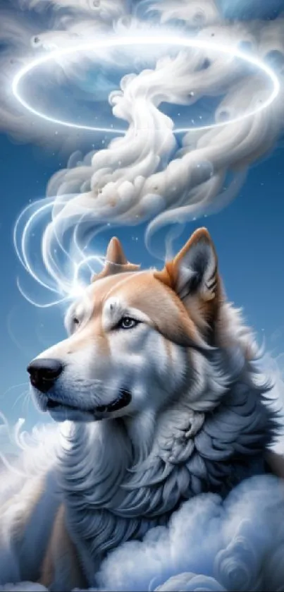 Majestic wolf among clouds under a magical sky.