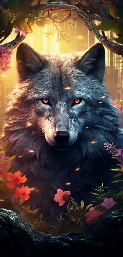 A majestic wolf with glowing eyes in a vibrant enchanted forest.