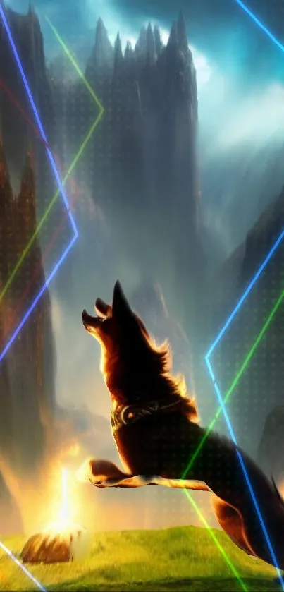 Majestic wolf leaps in neon-lit fantasy landscape.