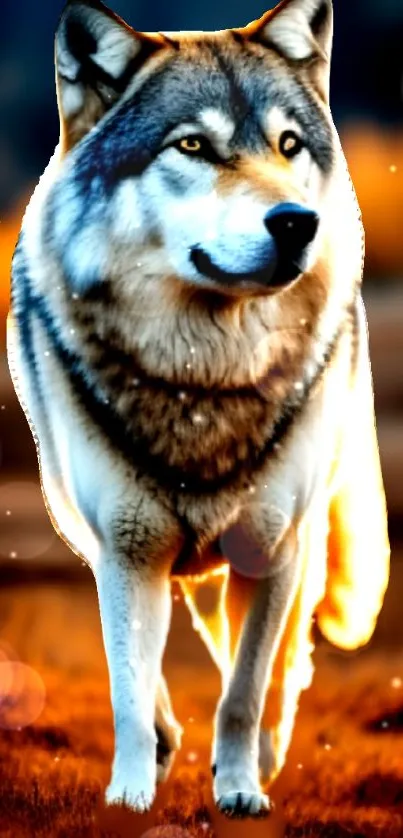 Majestic wolf in a fiery glow, mobile wallpaper.