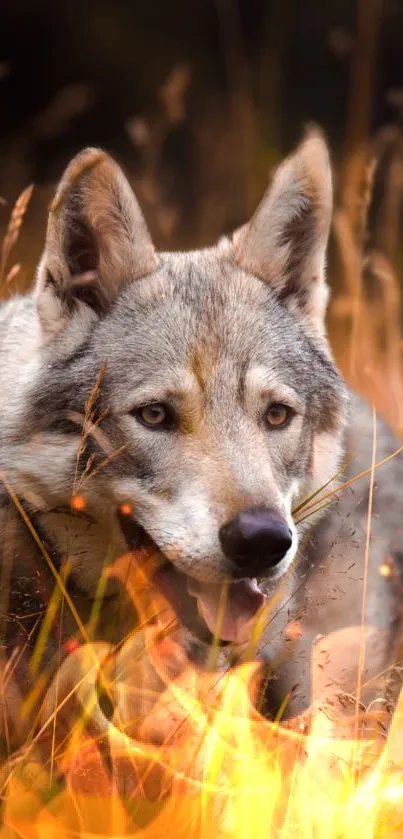 Majestic wolf amidst fiery meadow flames, mobile wallpaper.