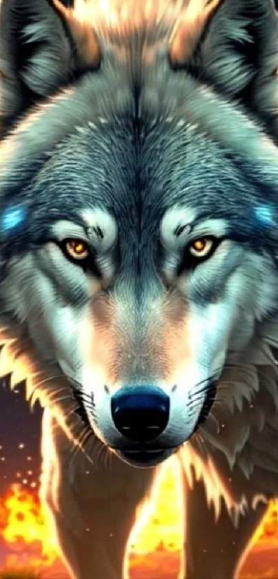 A majestic wolf stands against a fiery sunset, creating a striking mobile wallpaper.