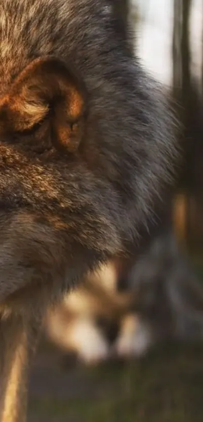 Majestic wolf in forest setting wallpaper.