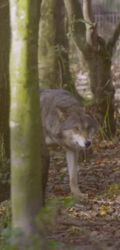 Majestic wolf stealthily moves through a lush forest.