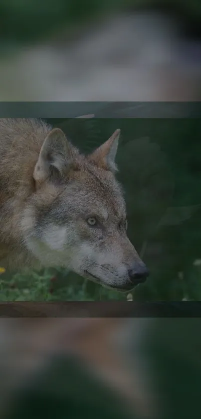 Majestic wolf in lush green forest wallpaper, perfect for nature lovers.