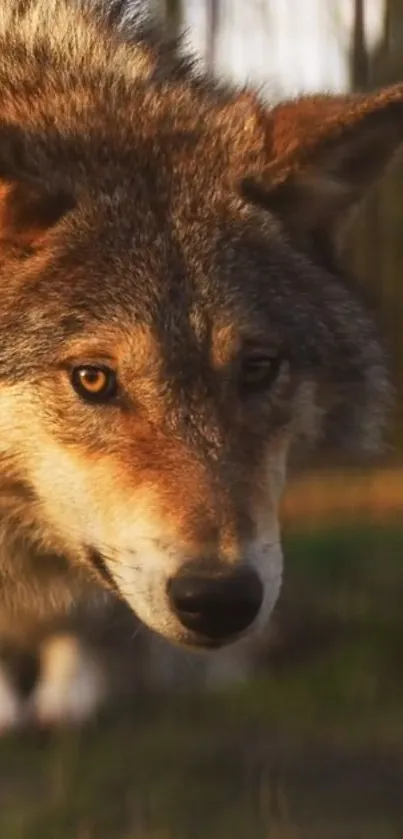 Majestic wolf in a serene forest setting with warm brown tones.