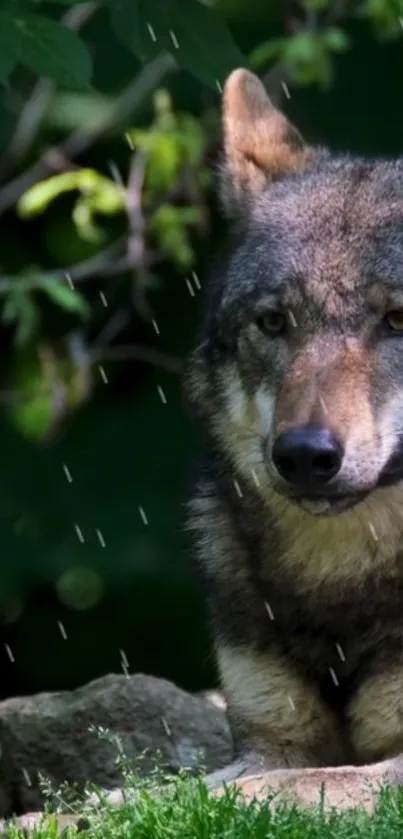 Majestic wolf resting in lush green forest with natural light.