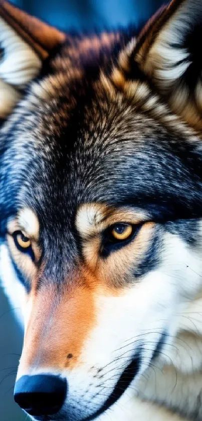 Majestic wolf portrait with blue forest background.