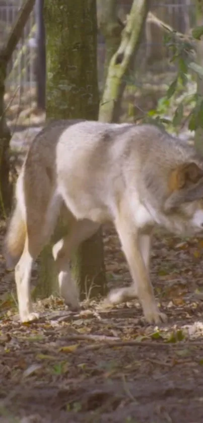 Majestic wolf wandering in a serene forest setting.