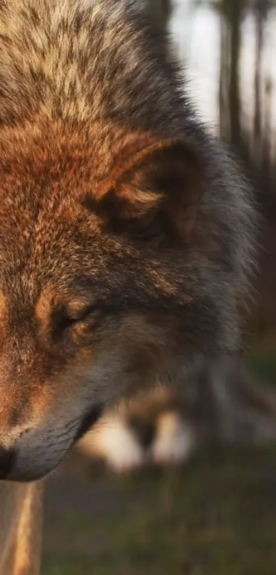 Majestic wolf in a serene forest landscape.