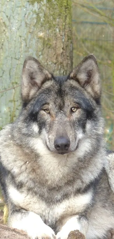 Majestic wolf resting in a forest setting.