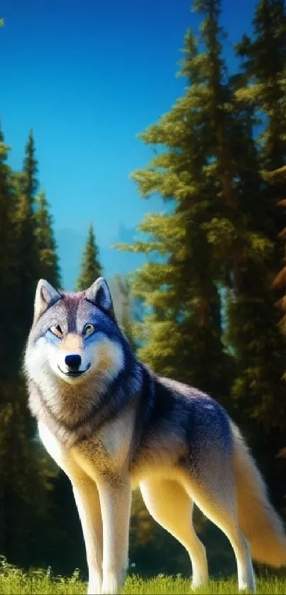 Majestic wolf standing in a lush forest setting.