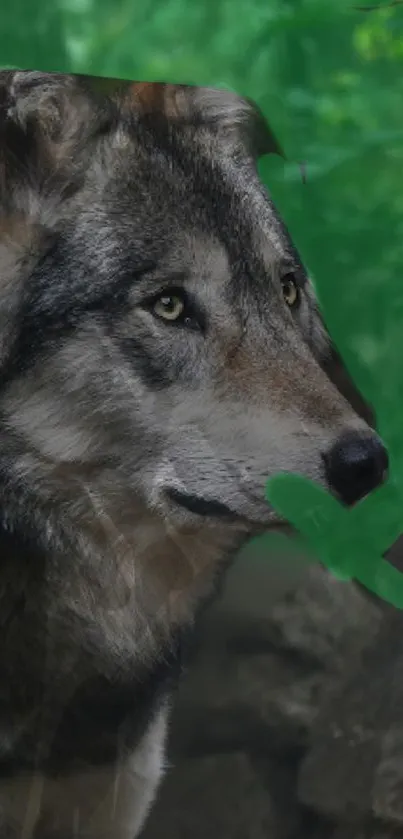 Majestic wolf standing in a green forest.