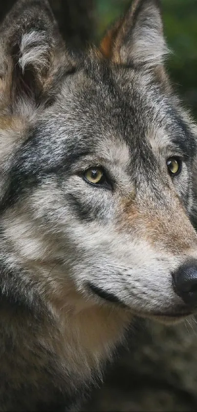 Majestic wolf in a lush forest setting, captivating presence.