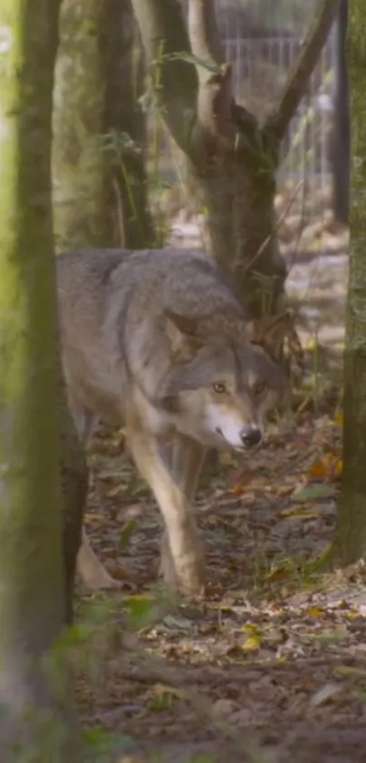 Wolf in a sunny forest setting with trees and foliage.