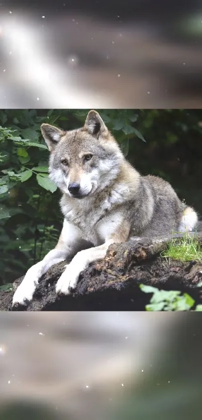 Majestic wolf resting in lush forest with starry glow.