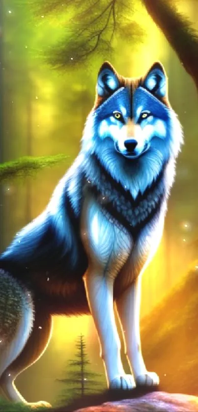 Majestic wolf stands in a glowing, enchanted forest, surrounded by vivid green trees.