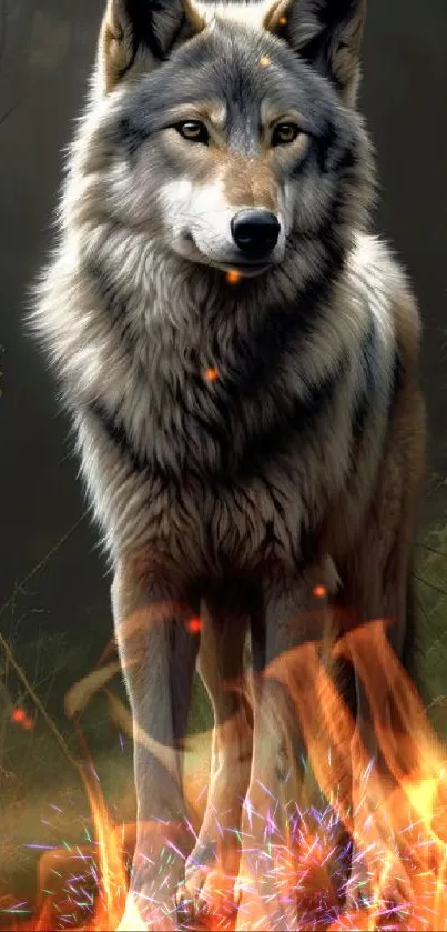 Realistic wolf stands in a tranquil forest setting, exuding serenity and strength.