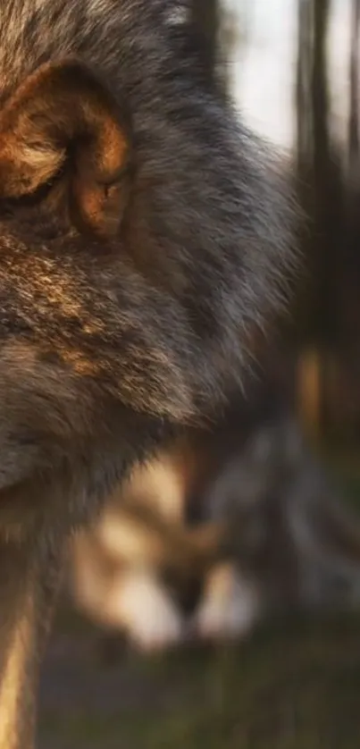 Majestic wolf in a forest setting with warm sunlight.