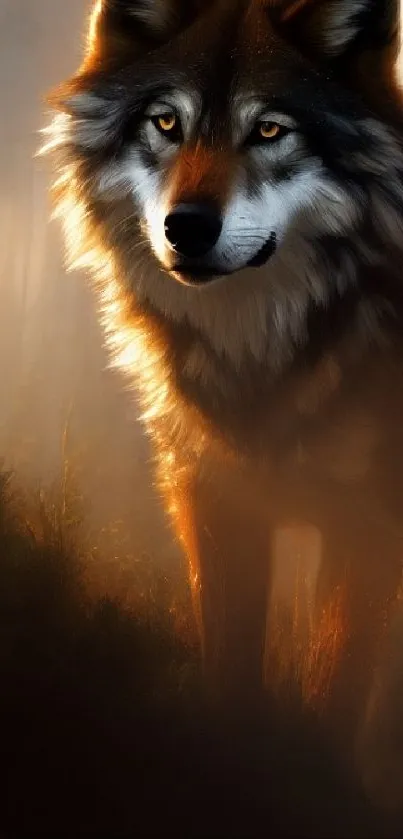 Majestic wolf in warm forest light, mobile wallpaper.