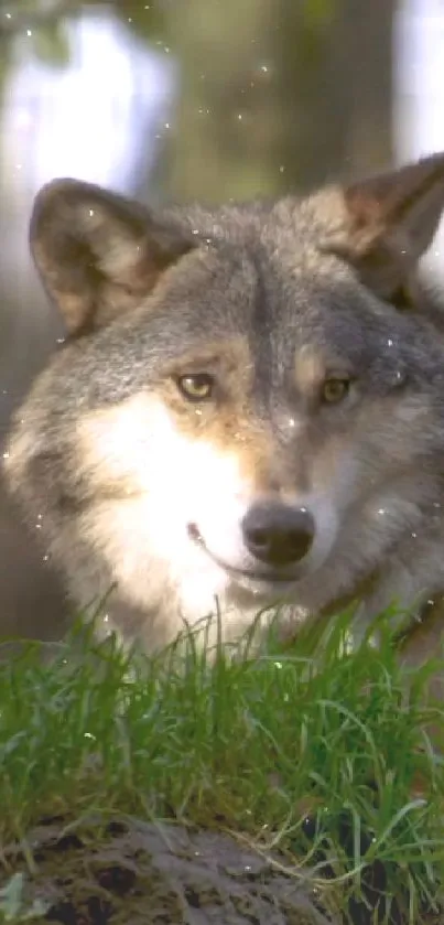 Majestic wolf surrounded by green grass in a serene forest setting.