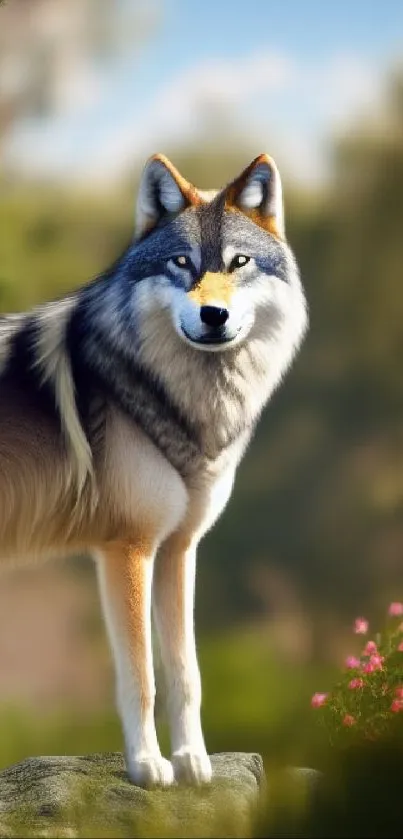 Majestic wolf standing on a rock in a lush forest setting.