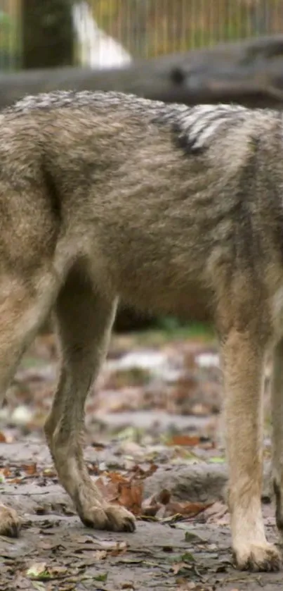 Majestic wolf standing in forest setting.