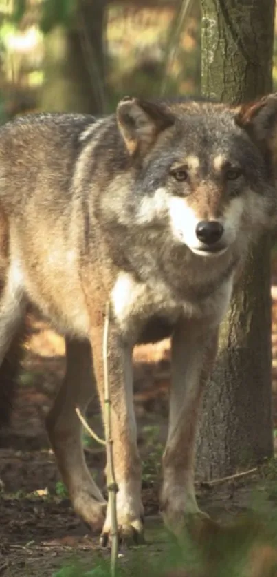 A majestic wolf standing in a sunlit forest.