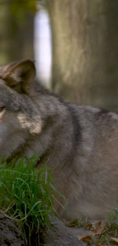 Majestic wolf rests in tranquil forest setting.