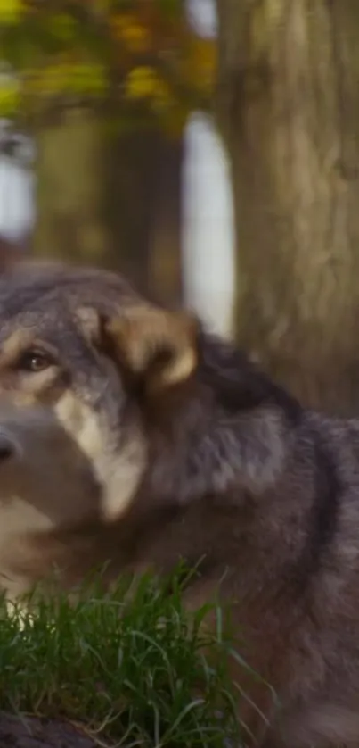 Majestic wolf amid forest trees and natural greenery.