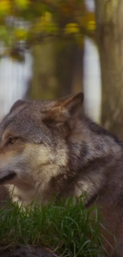 Majestic wolf standing in a forest backdrop with trees and grass.