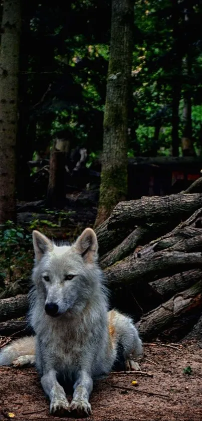 A wolf lying in a dense forest setting, surrounded by trees.