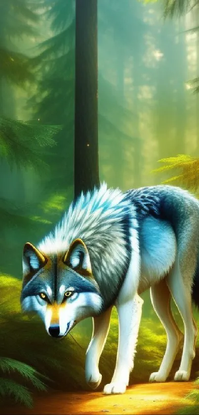 A majestic wolf in a sunlit forest scene on mobile wallpaper.